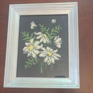 Vintage Floral Cross-Stitch Art In Silver Wood Frame
